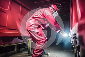 automobile repairman painter hand in protective glove with airbrush pulverizer painting car body in paint chamber