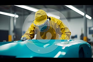 automobile repairman painter hand in protective glove with airbrush pulverizer painting car body in paint chamber