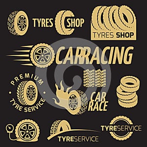 Automobile rubber tire shop, car wheel, racing vector logos and labels set