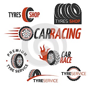 Automobile rubber tire shop, car wheel, racing vector logos and labels set