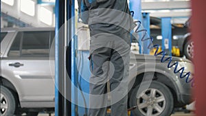 Automobile service - mechanic wrapping working device under car bottom
