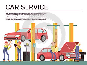 Automobile service and vehicle check vector background with car and mechanics in uniform