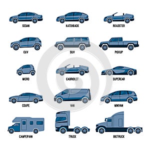 Automobile set isolated. Car models of different sizes or capabilities