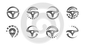 Automobile steering wheels, set of abstract icons, logo template for car service, auto repair shop emblems, tire fitting