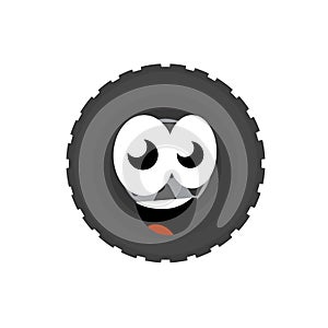 Automobile tire. Detail of wheels of car. Mascot tire service. smile and eyes of round black character