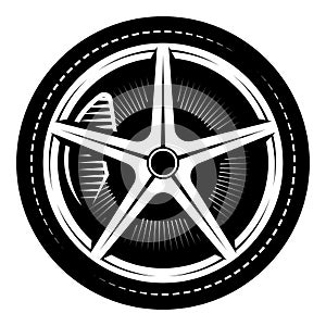Automobile wheel assembly. Rubber sports tire on a disk. Monochrome vector image. Element for design