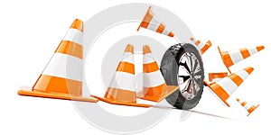 Automobile wheel has collided cones