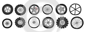 Automobile wheels. Doodle car tires. Tractor and motorcycle disks. Bicycle and light vehicle tyres set with different