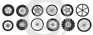 Automobile wheels. Doodle car tires. Tractor and motorcycle disks. Bicycle and light vehicle tyres set with different shapes and