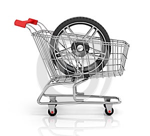 Automobile wheels and shopping cart.