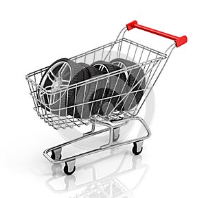 Automobile wheels and shopping cart.