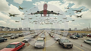 automobiles and airplanes, symbolizing the shrinking of distances and the unification of diverse cultures.