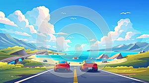 Automobiles on an asphalt highway with seascape landscape with mountains and ocean under blue sky with fluffy clouds at