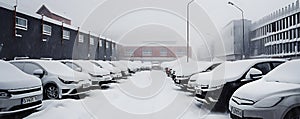 Automobiles parking in rows near office building or supermarket in winter