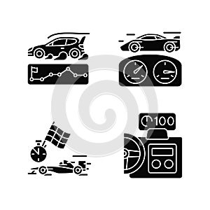 Automobiles racing for competition black glyph icons set on white space