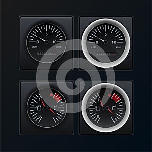 Automotive or aviation instrument panel instruments, on a dark background.The images of the devices are grouped. Analog devices. V