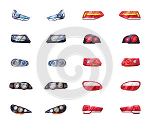Automotive Car Headlights Set, Front and Rare Led Headlamps Flat Style Vector Illustration on White Background