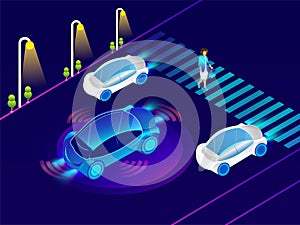 Automotive car with sensor technology on urban landscape for Autonomous Vehicle Remote Sensing System concept.