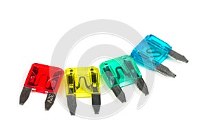 Automotive electrical fuses isolated on white background.