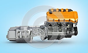 Automotive engine gearbox assembly side view on blue gradient background 3D