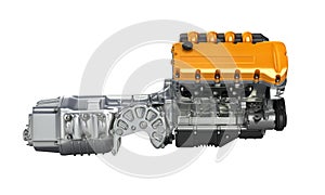 Automotive engine gearbox assembly side view without shadow on white background 3D