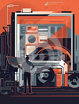 automotive engineer testing a new engine on a dynamometer, measuring performance and efficiency under different conditions, Flat