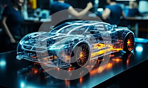 Automotive Engineers Working on Electric Car Chassis Platform Using 3D Holography in Advanced Scientific Development Laboratory