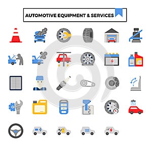 Automotive equipment and service flat design icon set.