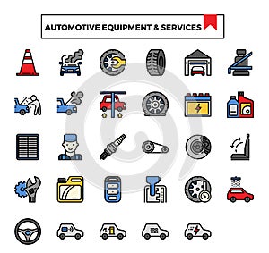 Automotive equipment and service outline design icon set.