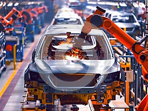 Automotive factory assembly line with robotic arms