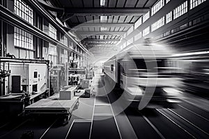 automotive factory with blurred lines of moving vehicles and equipment