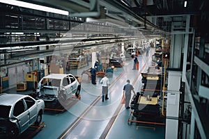 automotive factory, bustling with activity and workers manufacturing cars