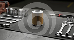 Automotive Filter and Tools on Workshop Surface