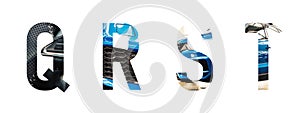 Automotive font Alphabet q, r, s, t made of modern blue car with Precious paper cut shape of letter