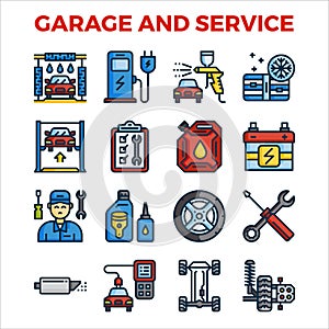 Automotive garage and service outline color icon collection. pixel perfect alignment icon.