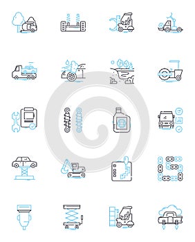 Automotive industry linear icons set. Vehicles, Automobiles, Cars, Trucks, Buses, Motorcycles, Fleet line vector and