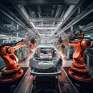 Automotive industry, robotic arms production a new modern car, industrial concept