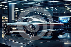 Automotive innovation facility.Futuristic unreal slick car model standing at car showroom