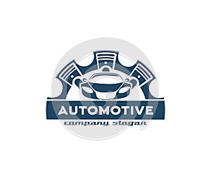 Automotive logos, cars, pistons, gears and text frames,