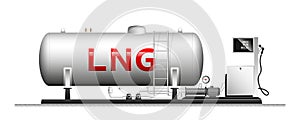Automotive modular filling with liquefied gas. Large cylindrical cylinder with natural gas. Column with a hose for