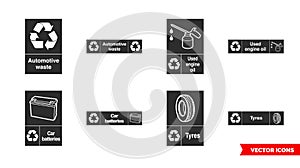 Automotive recycling signs icon set of color types. Isolated vector sign symbols. Icon pack