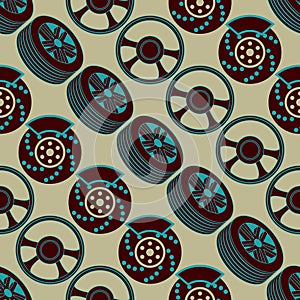 Automotive seamless pattern with brake discs and wheel.