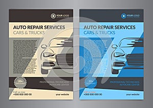 Automotive Service Centers business layout templates. A5, A4 auto repair shop Brochure templates, automobile magazine cover.