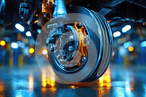 Close-up of a Vehicle\'s Disc Brake System in a Factory Setting photo