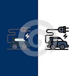 Automotive Technology, Electric Car, Electric Vehicle  Icons. Flat and Line Filled Icon Set Vector Blue Background