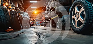 Automotive tire shop storage room with stacks of various car tires ready for vehicle maintenance and season change