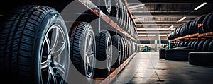 Automotive tire shop storage room with stacks of various car tires ready for vehicle maintenance and season change