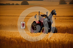 An automotive tire vehicle resembling a horse drives through a wheat field
