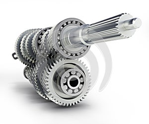 Automotive transmission gearbox Gears inside on white background 3d render with blur