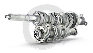 Automotive transmission gearbox Gears inside on white background 3d render with blur photo